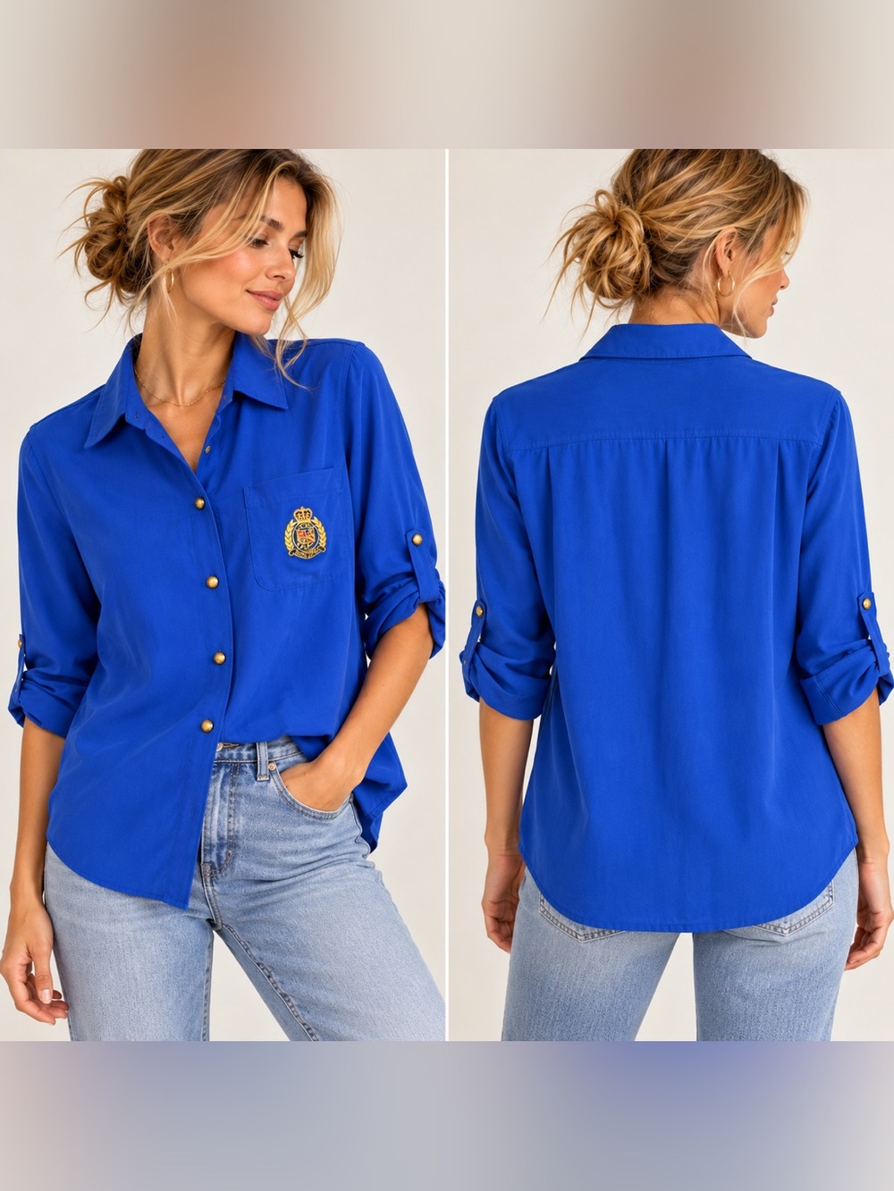 Lauren Ralph Lauren 100% Silk Crest Shirt Small Cobalt Blue Gold Button